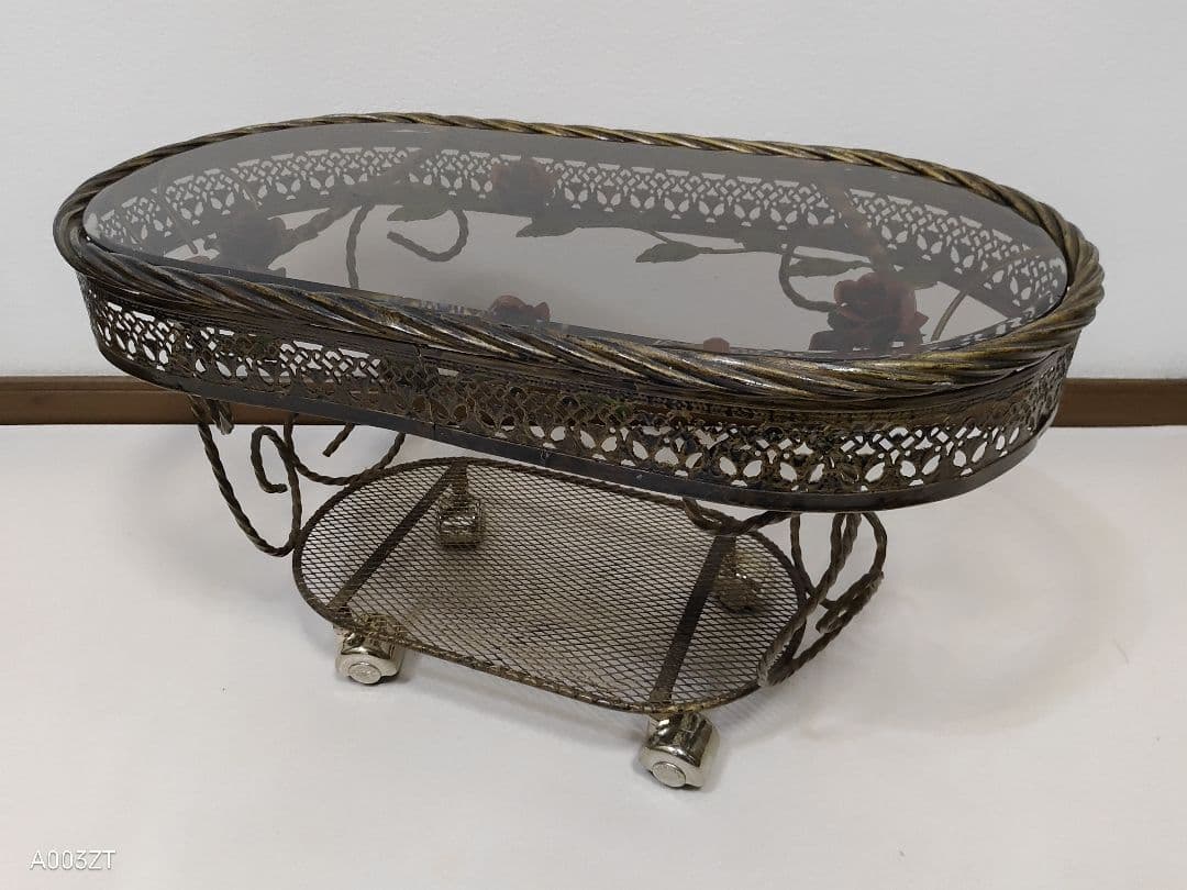 ガラステーブル 薔薇 サイドテーブル ゴールド キャスター付き