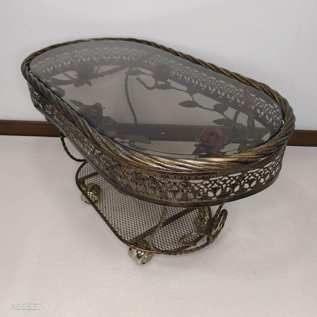 ガラステーブル 薔薇 サイドテーブル ゴールド キャスター付き