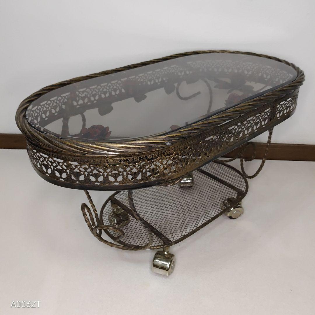 ガラステーブル 薔薇 サイドテーブル ゴールド キャスター付き