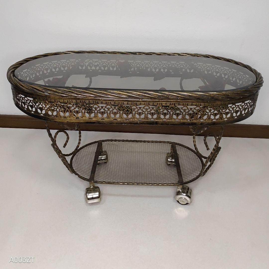 ガラステーブル 薔薇 サイドテーブル ゴールド キャスター付き