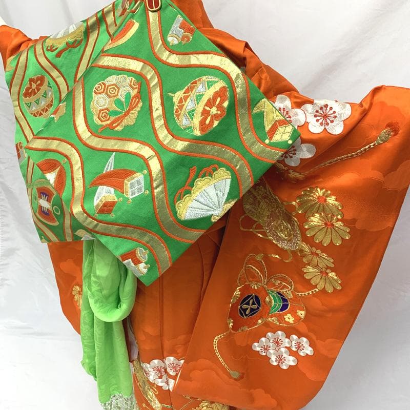 504ag63□七五三 七歳 女児 着物&袋帯&長襦袢 金駒刺繍 鼓 菊□