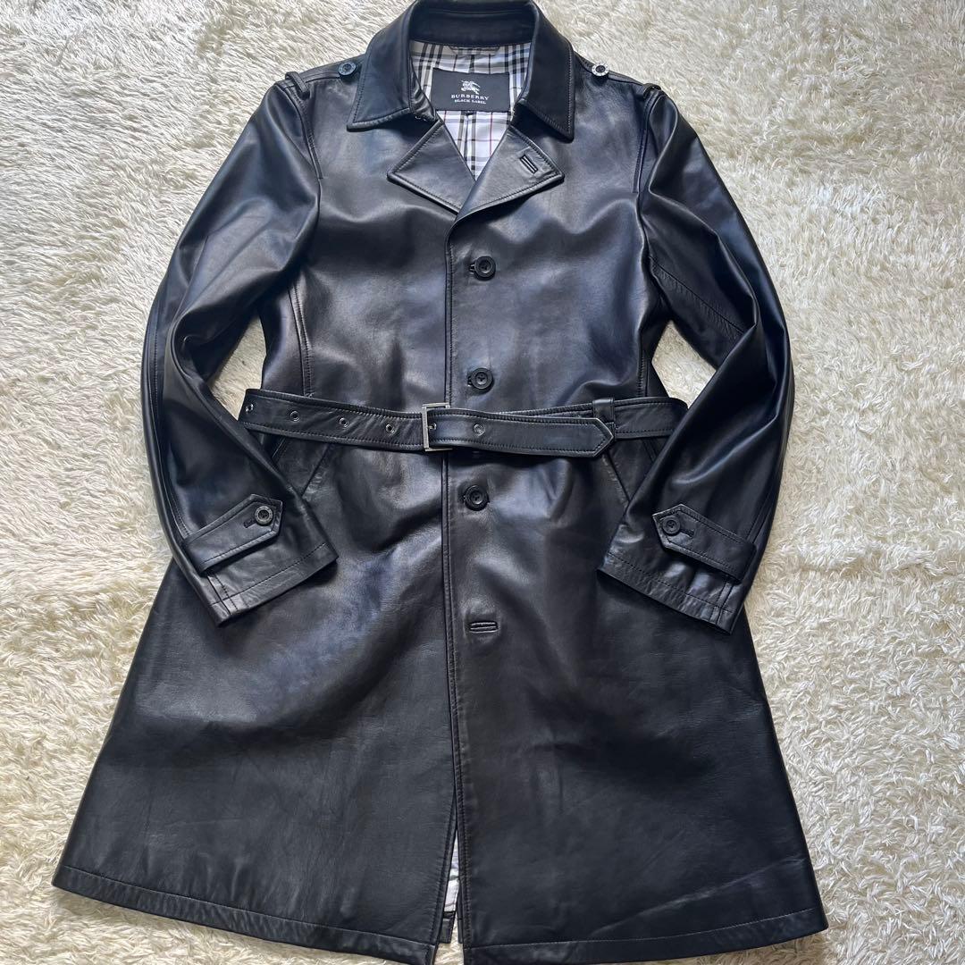 美品 バーバリーブラックレーベル 羊革 トレンチコート L 黒 BURBERRY