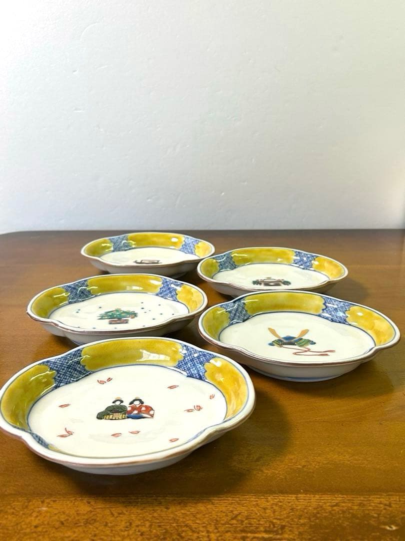 九谷焼 瑛生 文様木瓜皿(5絵柄5枚セット) 九谷美陶園