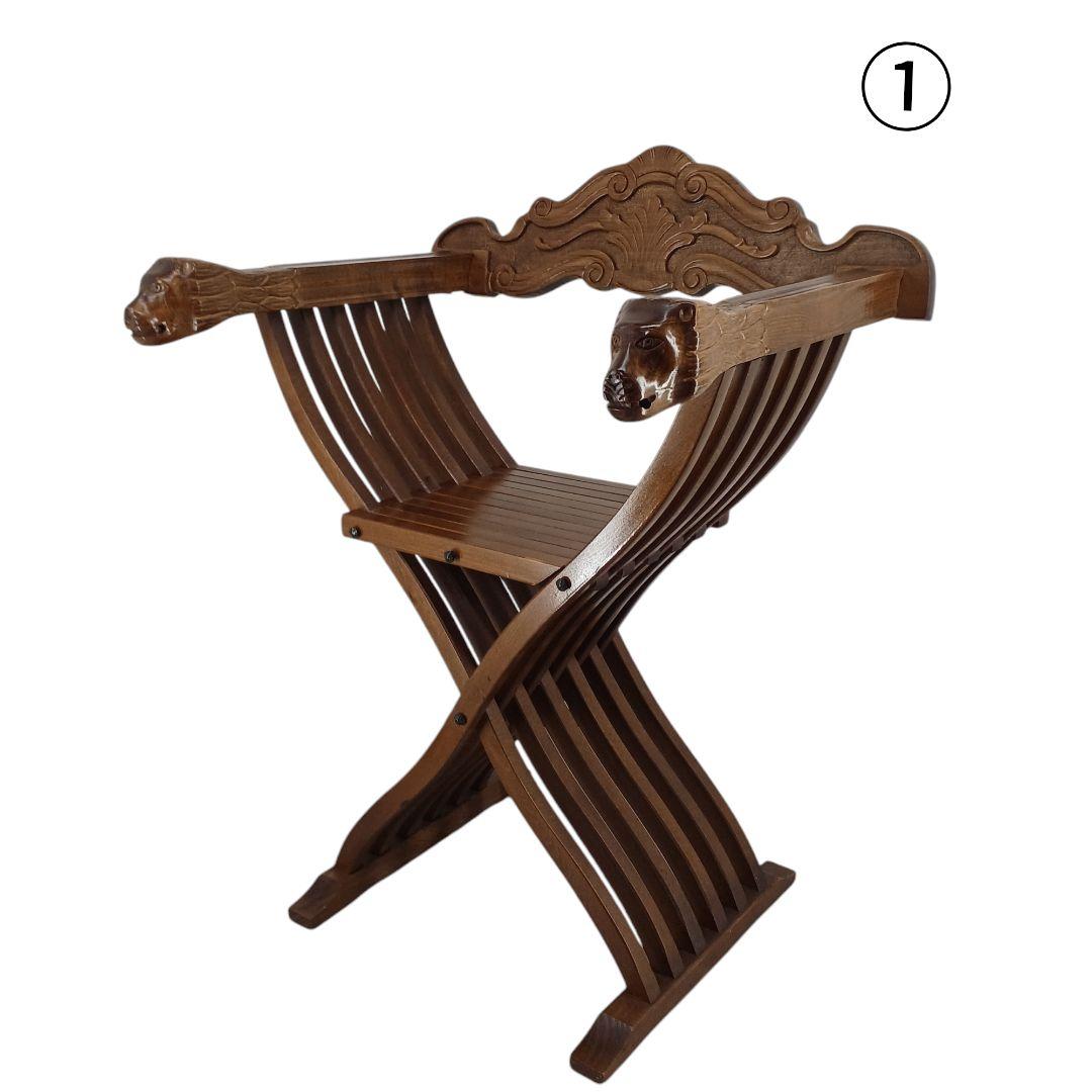送料込み①アンティーク【木製ライオン装飾折りたたみ椅子】ヴィンテージ