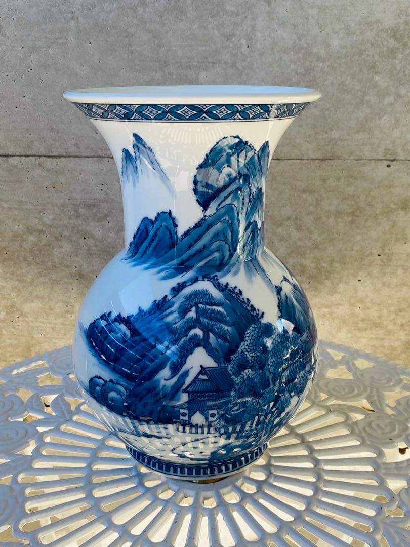 青白磁 山水画 フラワーベース