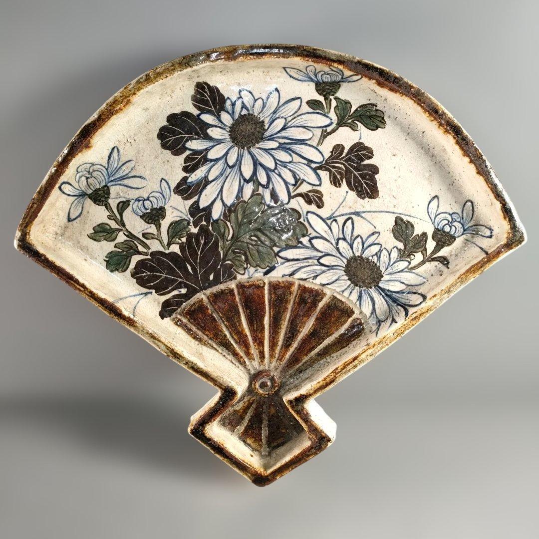 A1348-5/尾形乾山/扇形花画大皿/飾大皿/尺皿/絵皿/盛皿/床飾/額皿/