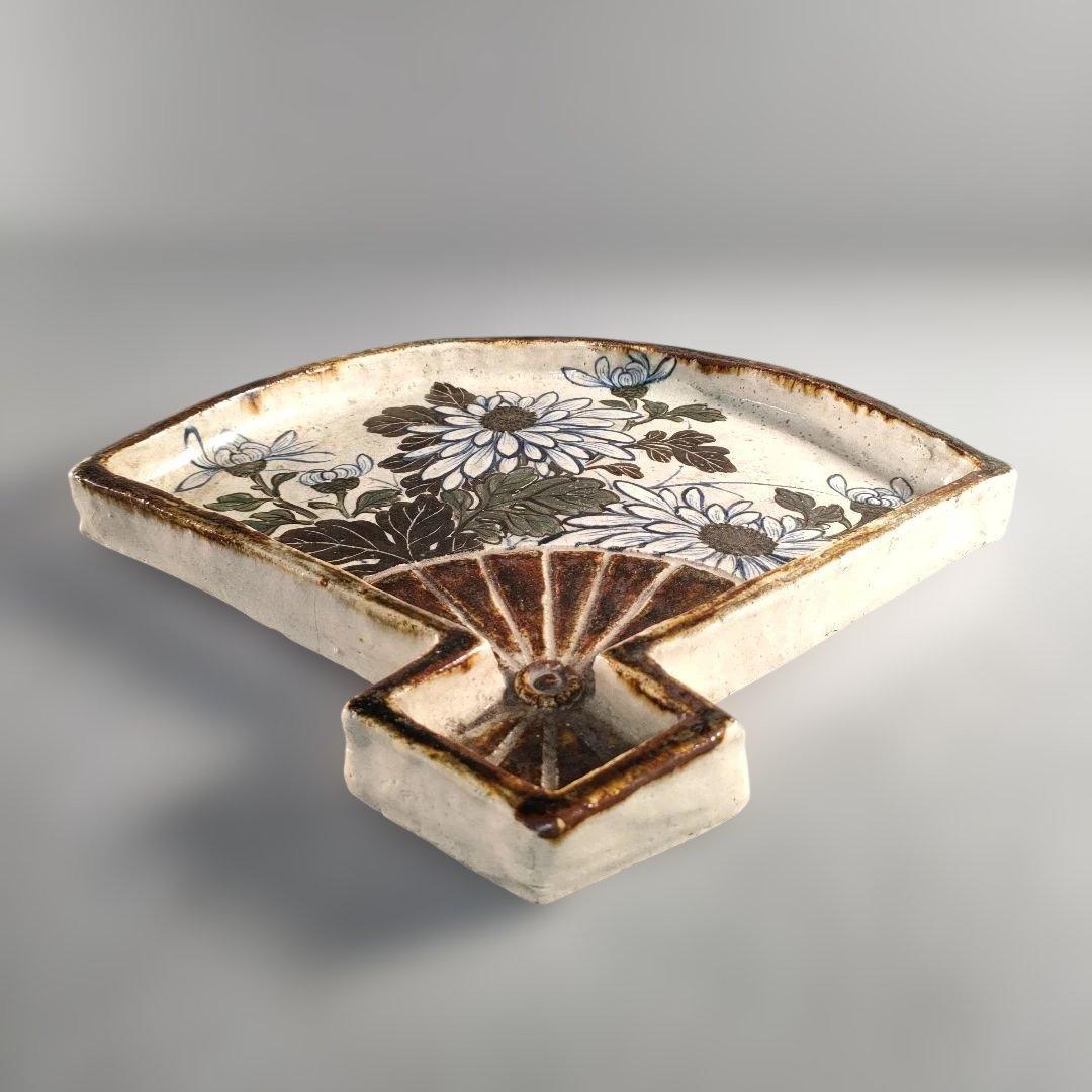 A1348-5/尾形乾山/扇形花画大皿/飾大皿/尺皿/絵皿/盛皿/床飾/額皿/