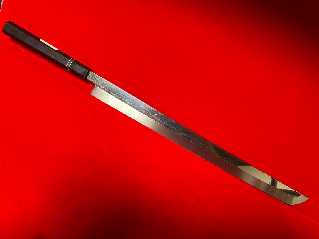 01129 包丁　マグロ包丁　重啓作　本焼　白鋼　刃文綺麗　未使用品