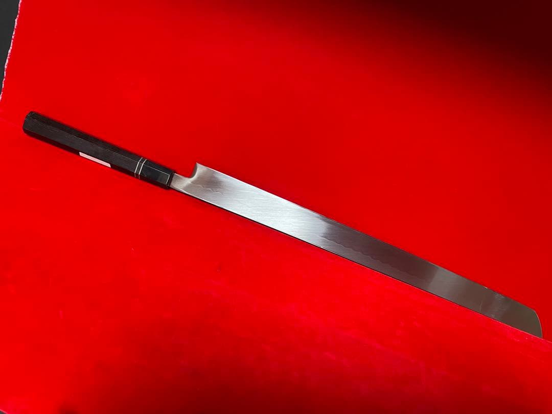 01129 包丁　マグロ包丁　重啓作　本焼　白鋼　刃文綺麗　未使用品