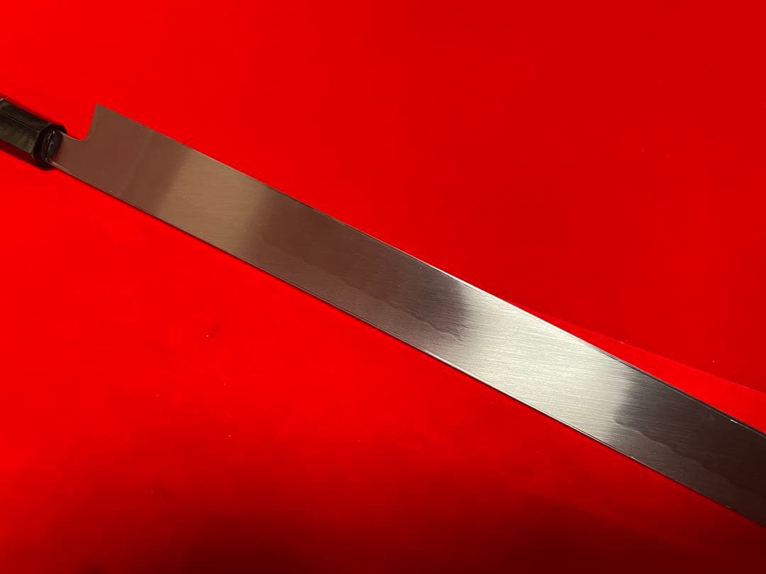 01129 包丁　マグロ包丁　重啓作　本焼　白鋼　刃文綺麗　未使用品