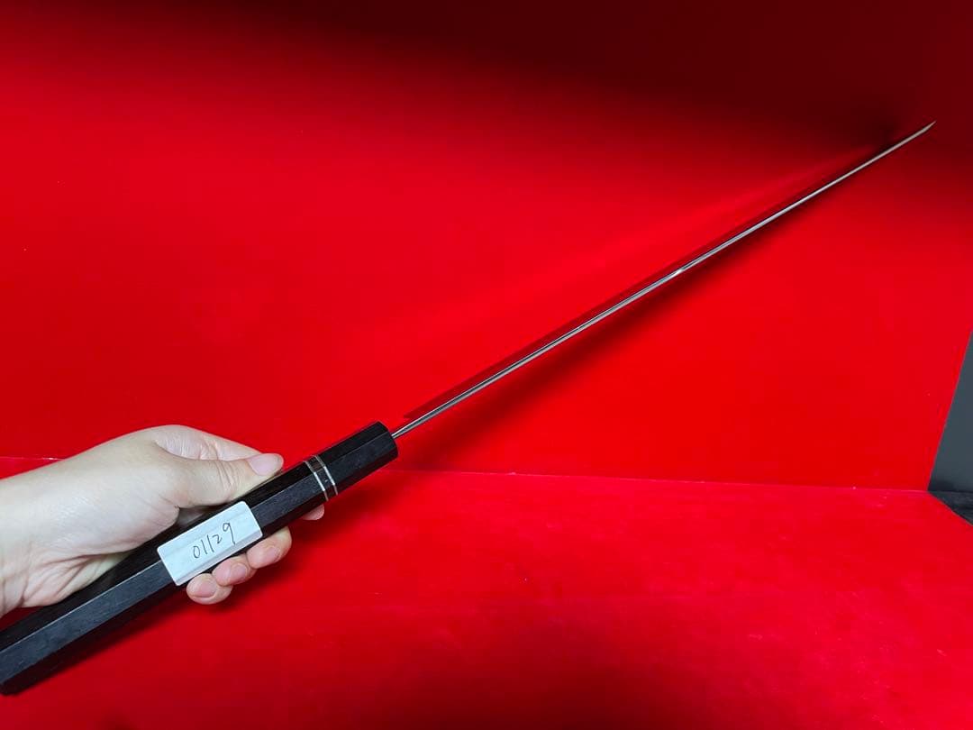 01129 包丁　マグロ包丁　重啓作　本焼　白鋼　刃文綺麗　未使用品