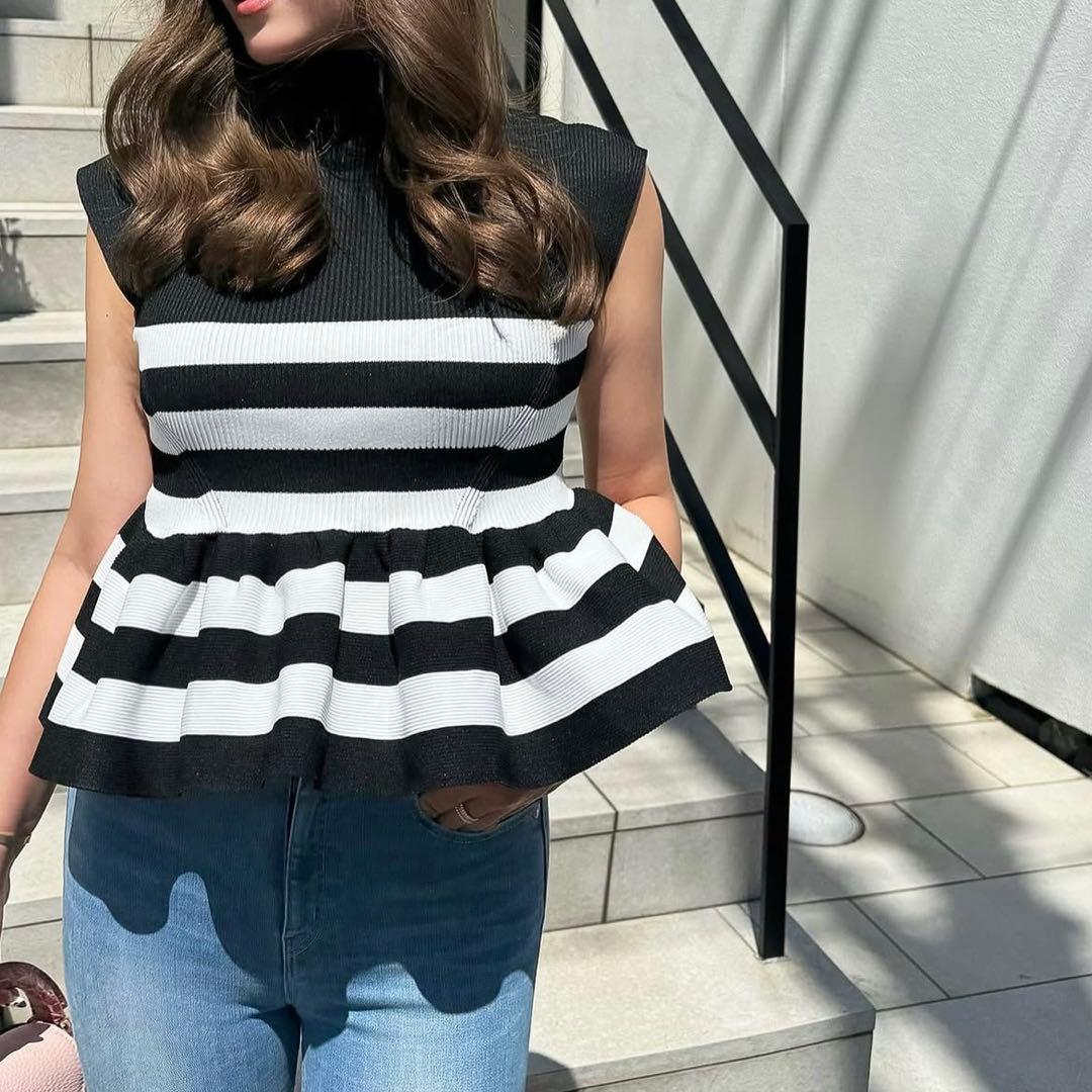 sheller ストライプペプラムニットトップス　シェリエ
