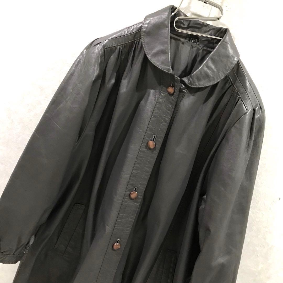 90s 本革 牛革 デザイン 丸襟 レザーコート ヴィンテージ フリー
