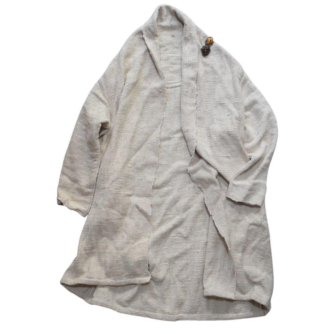 近年 GRANPIE 素敵なブローチ✨手織りコットン ロングコート L 生成り