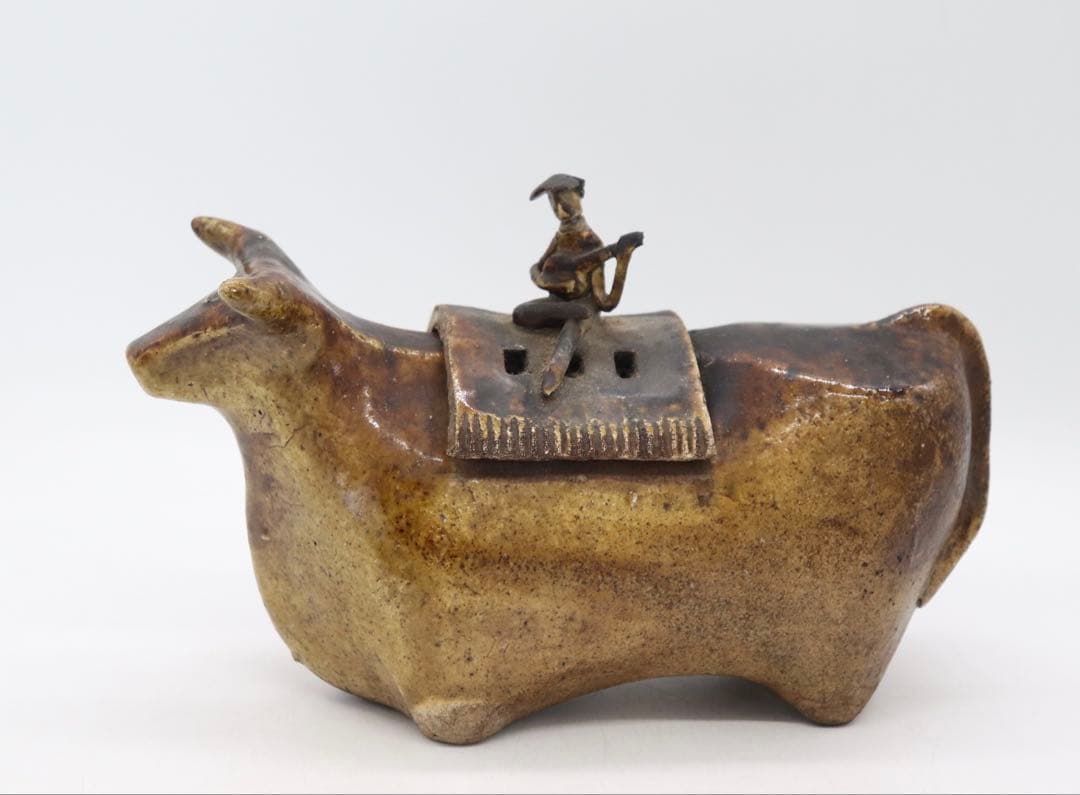 中国　磁州窯　黄釉　牛童子型香炉　送料込み250621