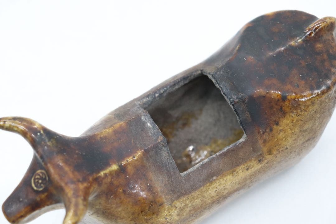 中国　磁州窯　黄釉　牛童子型香炉　送料込み250621