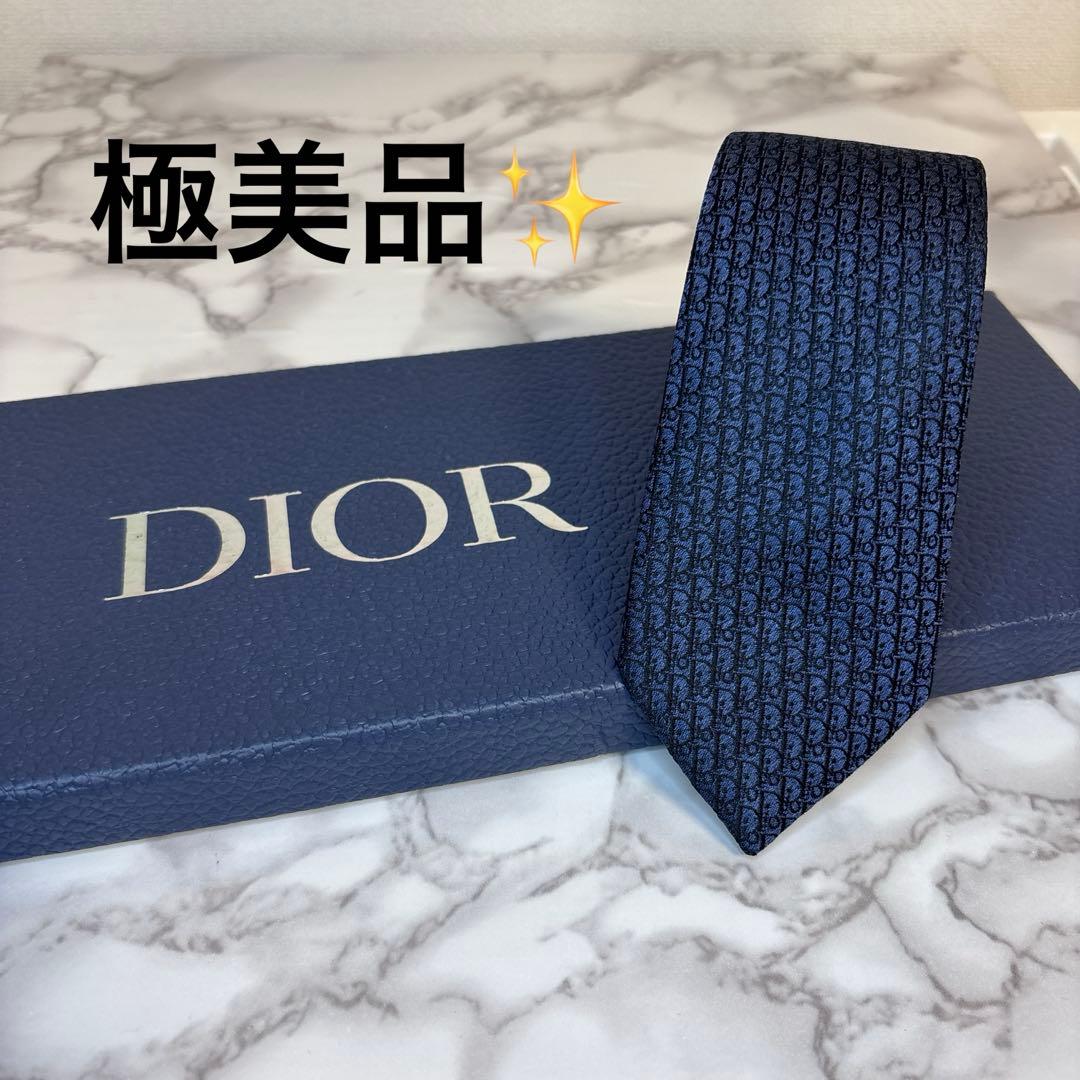 【極美品✨】DIOR ネクタイ　オブリーク柄　ネイビー　紺色　刺繍　細身