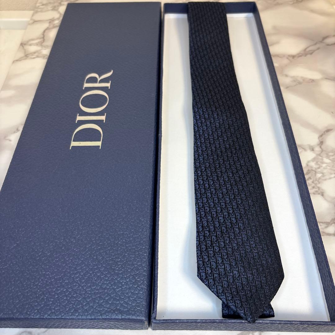 【極美品✨】DIOR ネクタイ　オブリーク柄　ネイビー　紺色　刺繍　細身