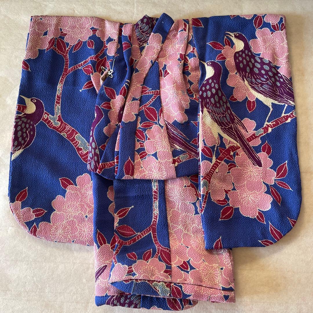 古布　一越ちりめん　桜の木　鳥　人形の着物　10号　120707
