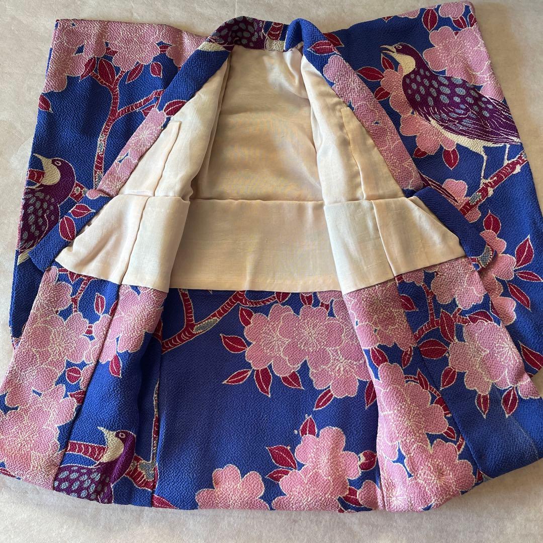 古布　一越ちりめん　桜の木　鳥　人形の着物　10号　120707