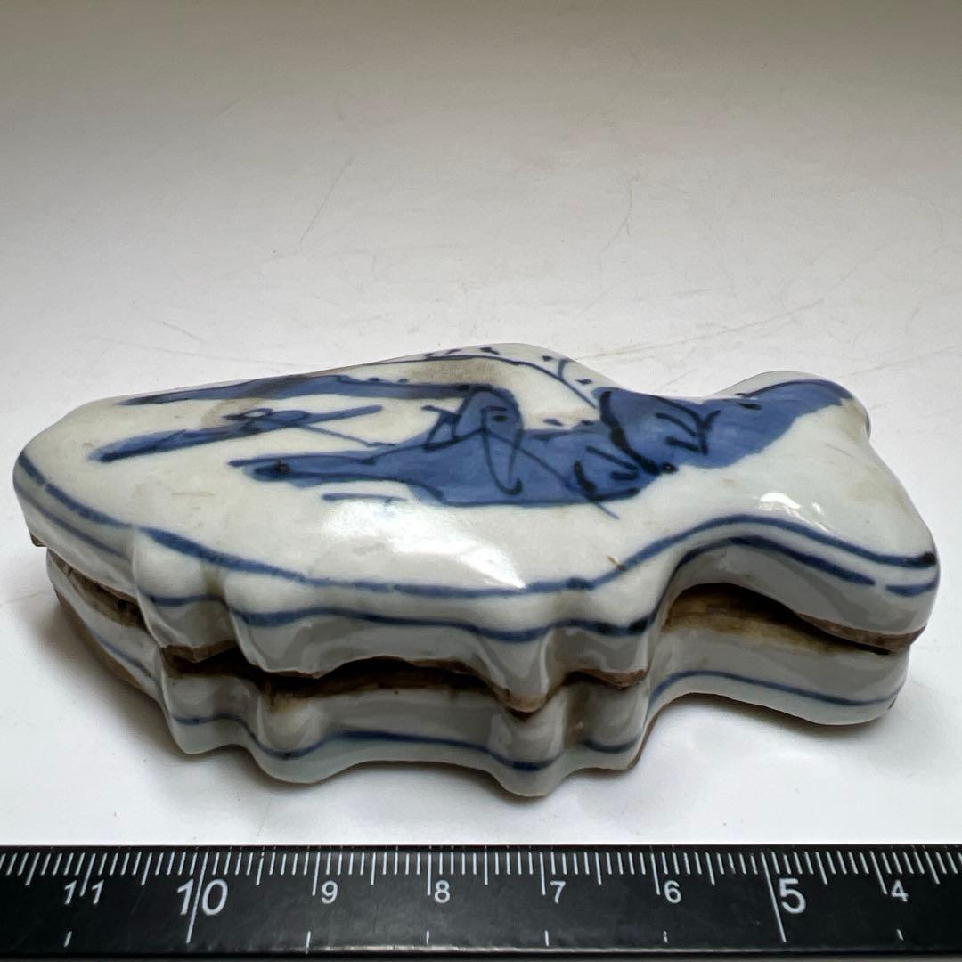 中国明時代　古染付魚文香合　木箱付　幅約9㎝　東Y8-0203①タルサ