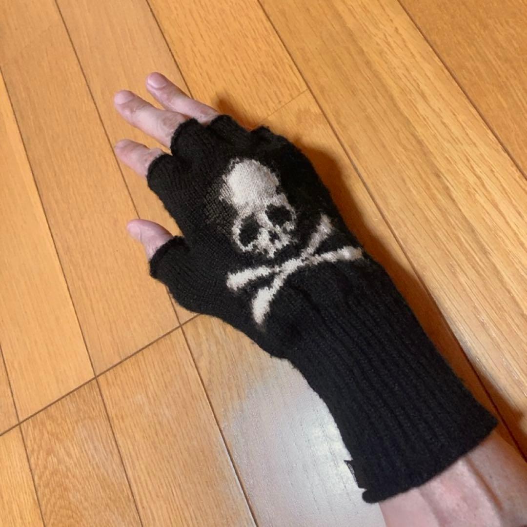 ロエン　ジャガードスカル柄指ぬきニットグローブ