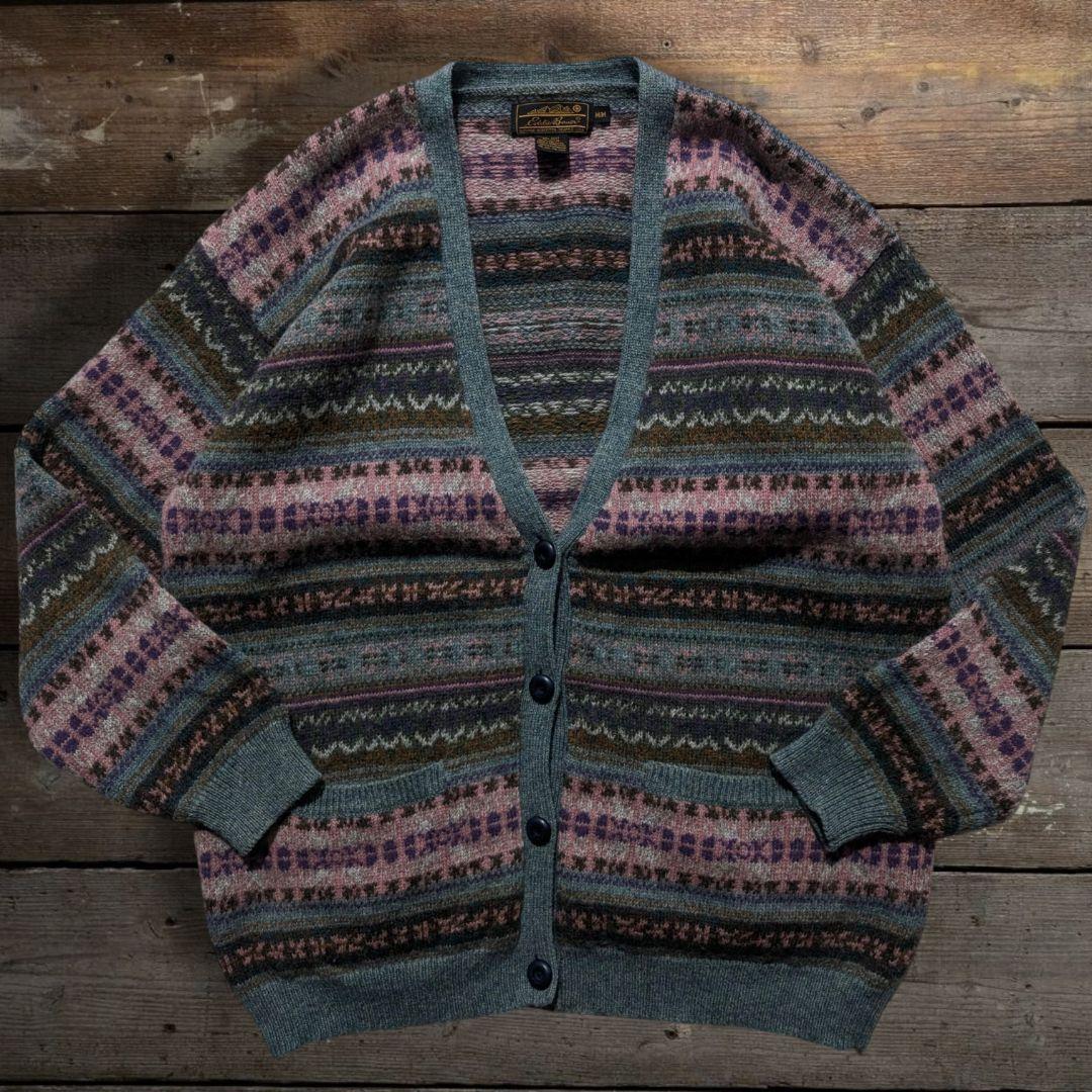 80s　エディーバウアー　黒タグ　ネイティブ　民族柄　カーディガン　マルチカラー