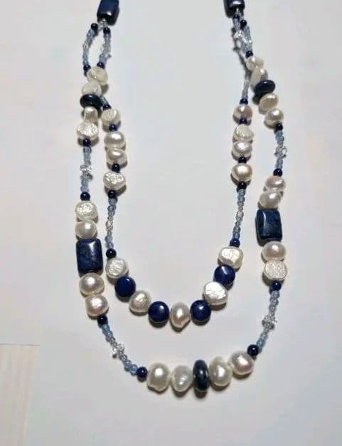ラピスラズリと水晶 と淡水パール ロングネックレス