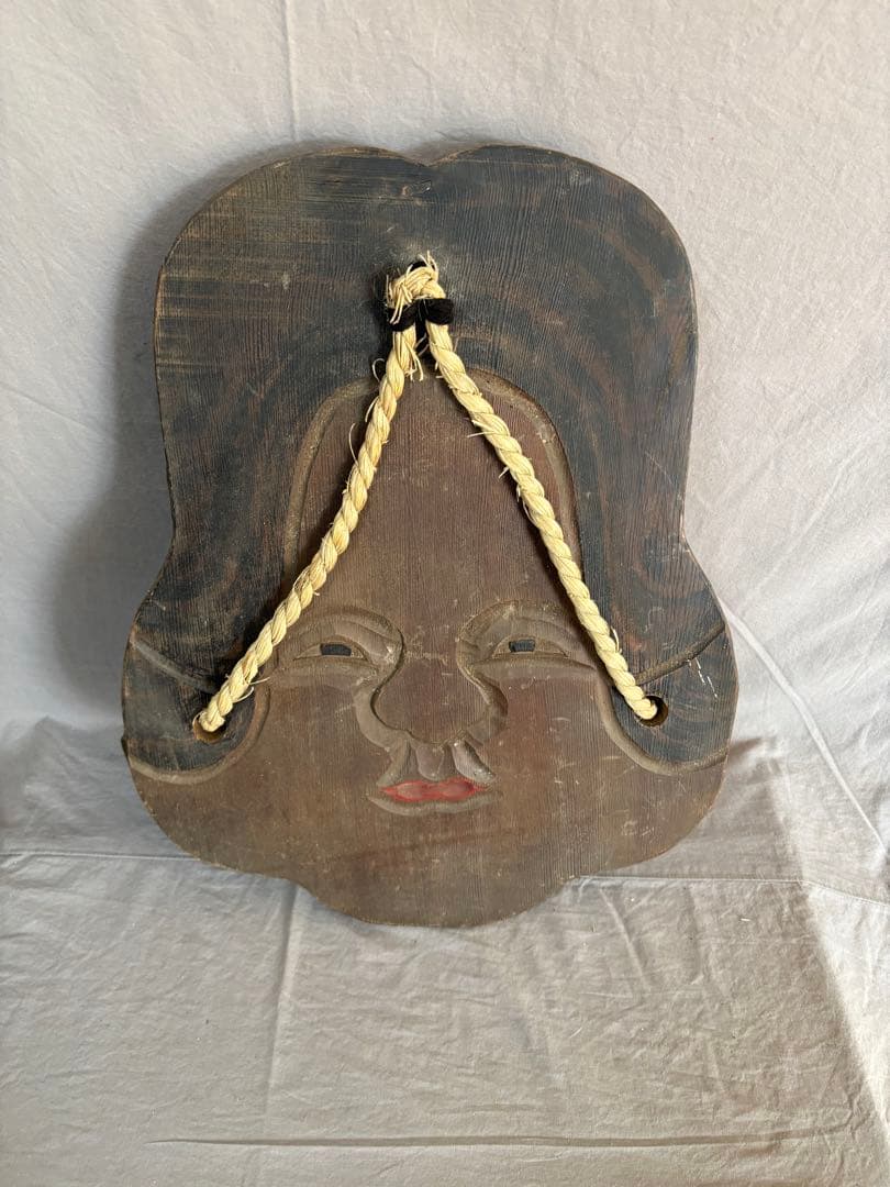 下駄屋 時代看板 おかめ 木彫り 51cm 縁起物 壁掛け