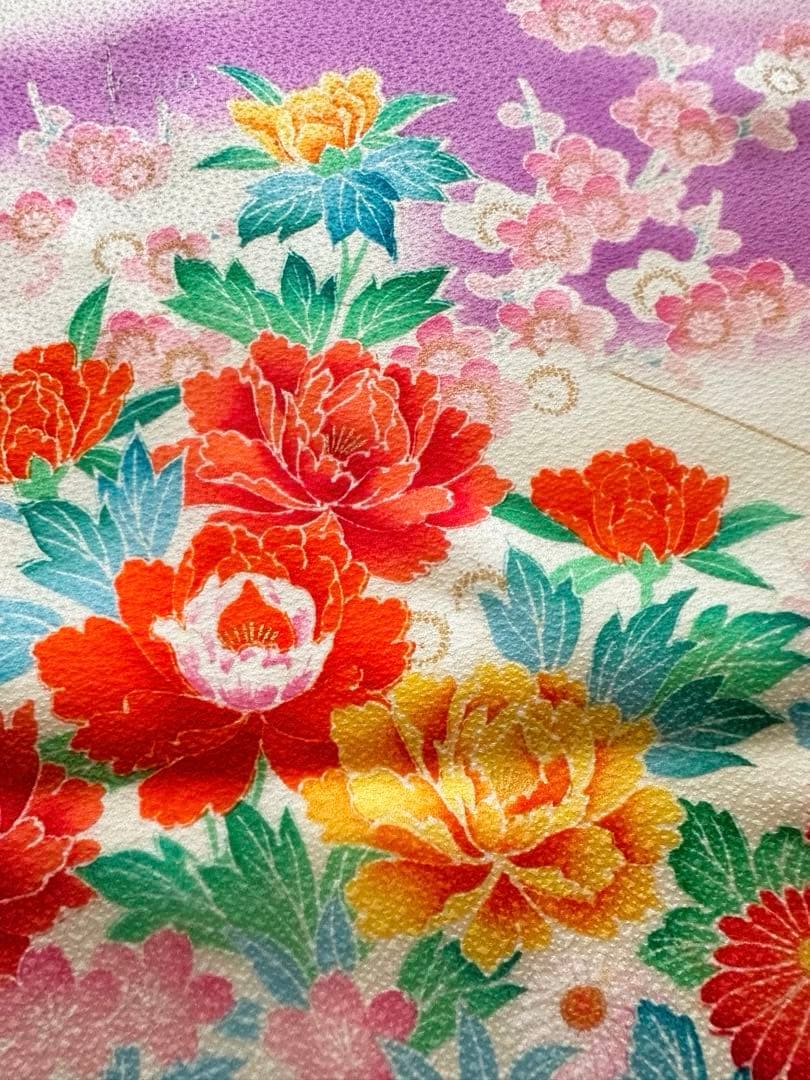 女の子 お祝い着 振袖 四季花模様 着物と帯のセット 七五三 レトロ 紫色