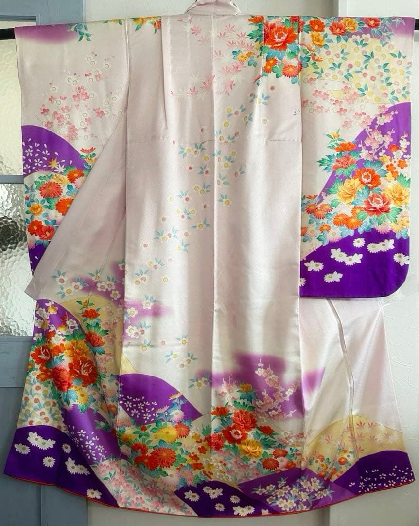 女の子 お祝い着 振袖 四季花模様 着物と帯のセット 七五三 レトロ 紫色