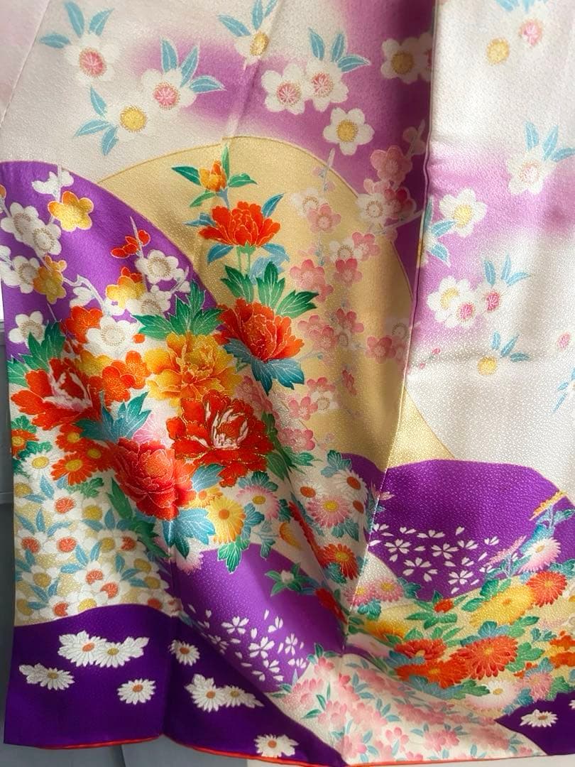 女の子 お祝い着 振袖 四季花模様 着物と帯のセット 七五三 レトロ 紫色