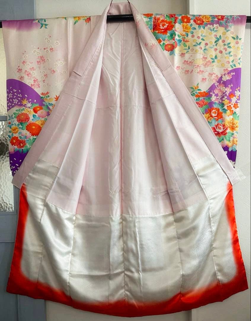 女の子 お祝い着 振袖 四季花模様 着物と帯のセット 七五三 レトロ 紫色