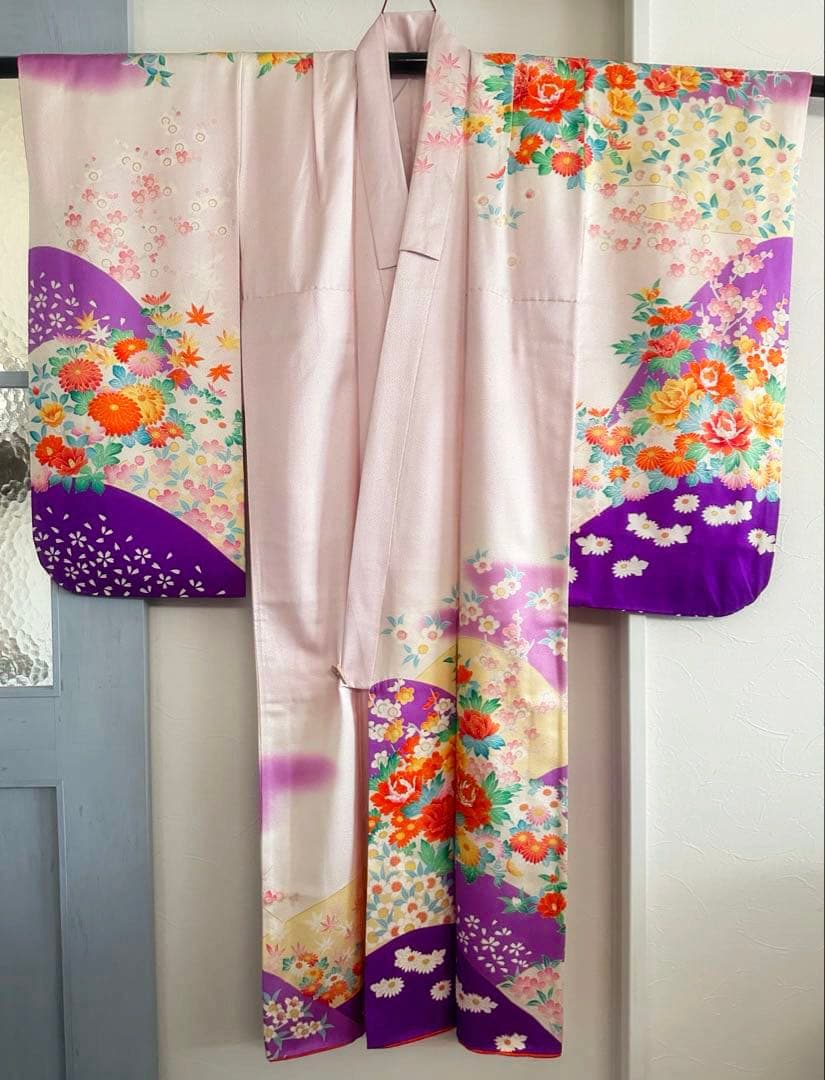 女の子 お祝い着 振袖 四季花模様 着物と帯のセット 七五三 レトロ 紫色