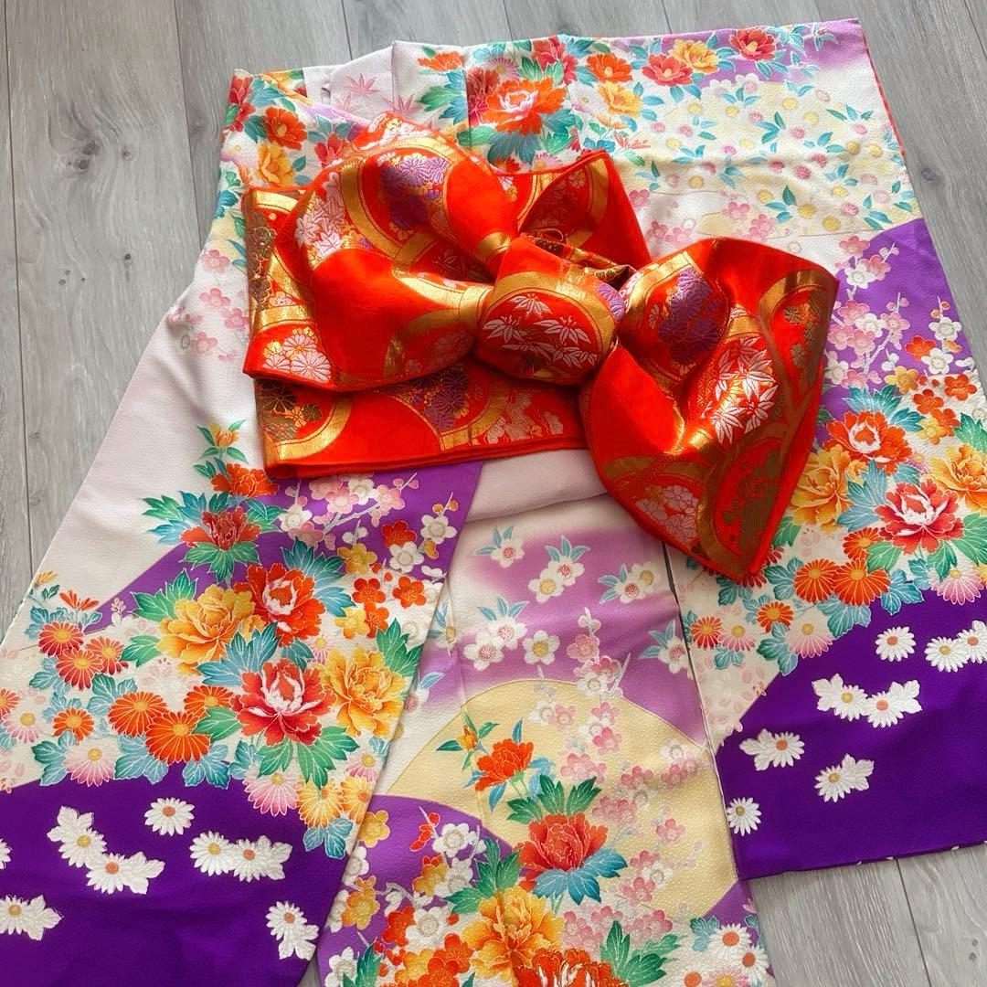 女の子 お祝い着 振袖 四季花模様 着物と帯のセット 七五三 レトロ 紫色