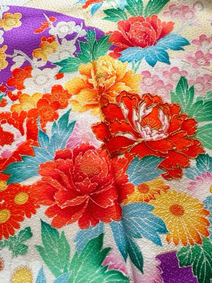 女の子 お祝い着 振袖 四季花模様 着物と帯のセット 七五三 レトロ 紫色