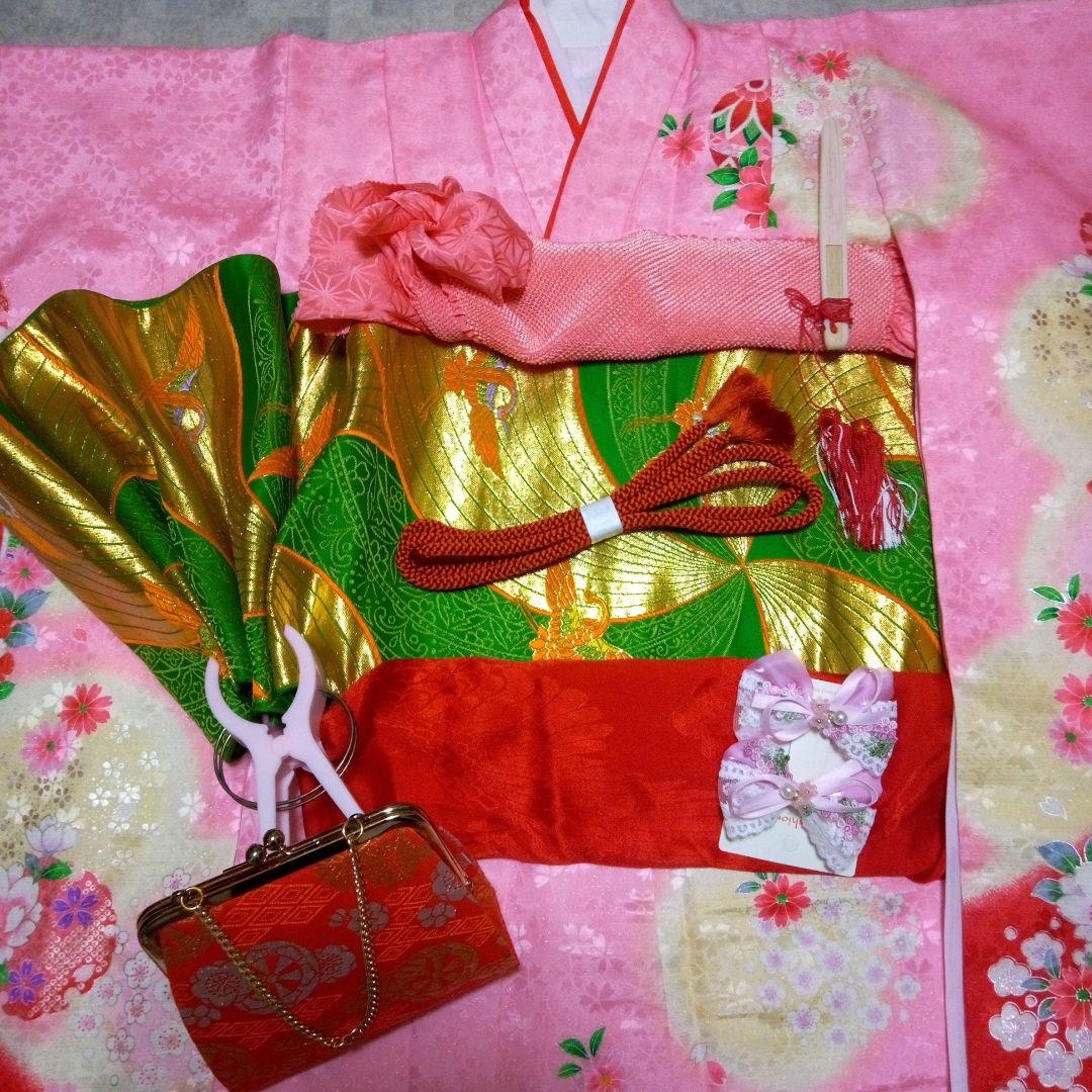 七五三【可愛いピンク振袖】『正絹袋帯付き』小物付きセット