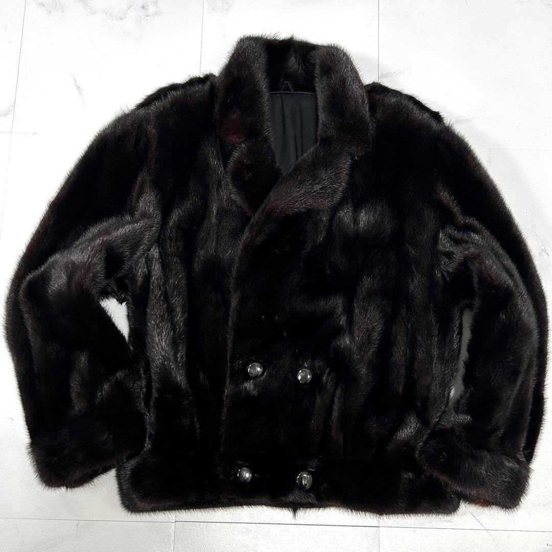 高級 XLサイズ ブラックミンク ダブル ジャケット メンズ なめし柔らか 艶艶