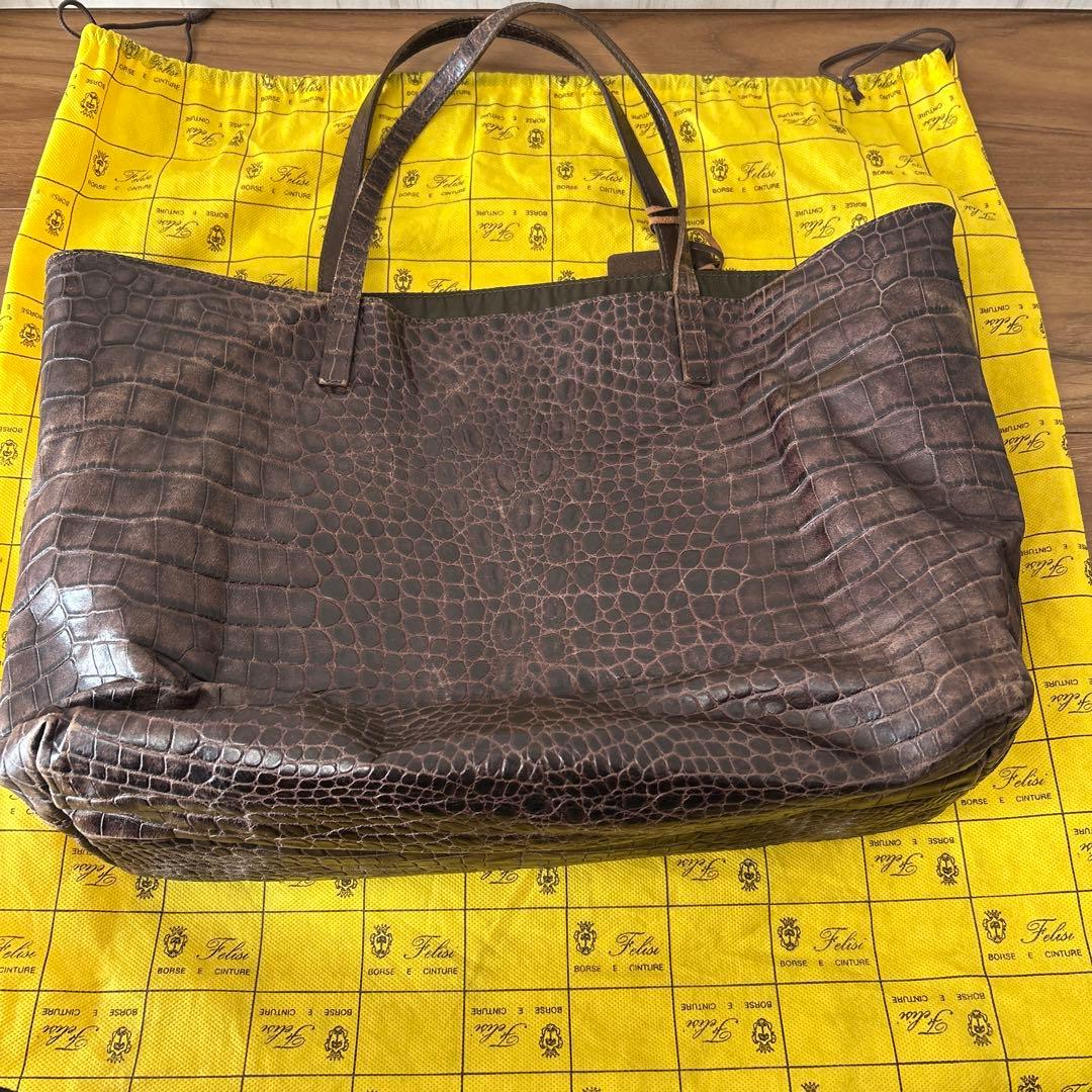 フェリージ トートバッグ クロコ型押し 肩掛け ダークブラウン
