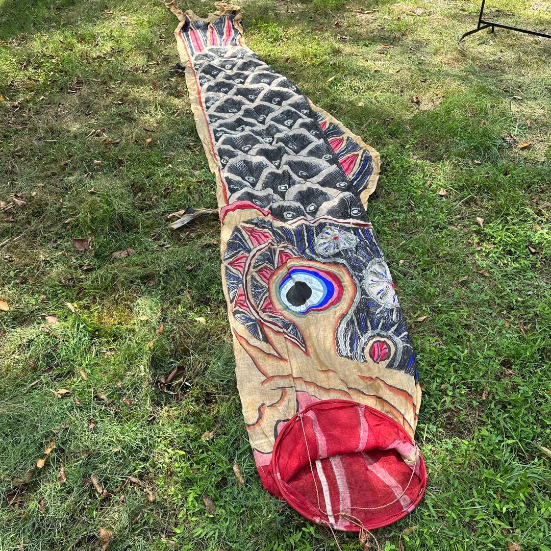 【希少・古布】蔵出しアンティーク鯉のぼり 麻布製 手描き彩色 5.2m 昭和初期