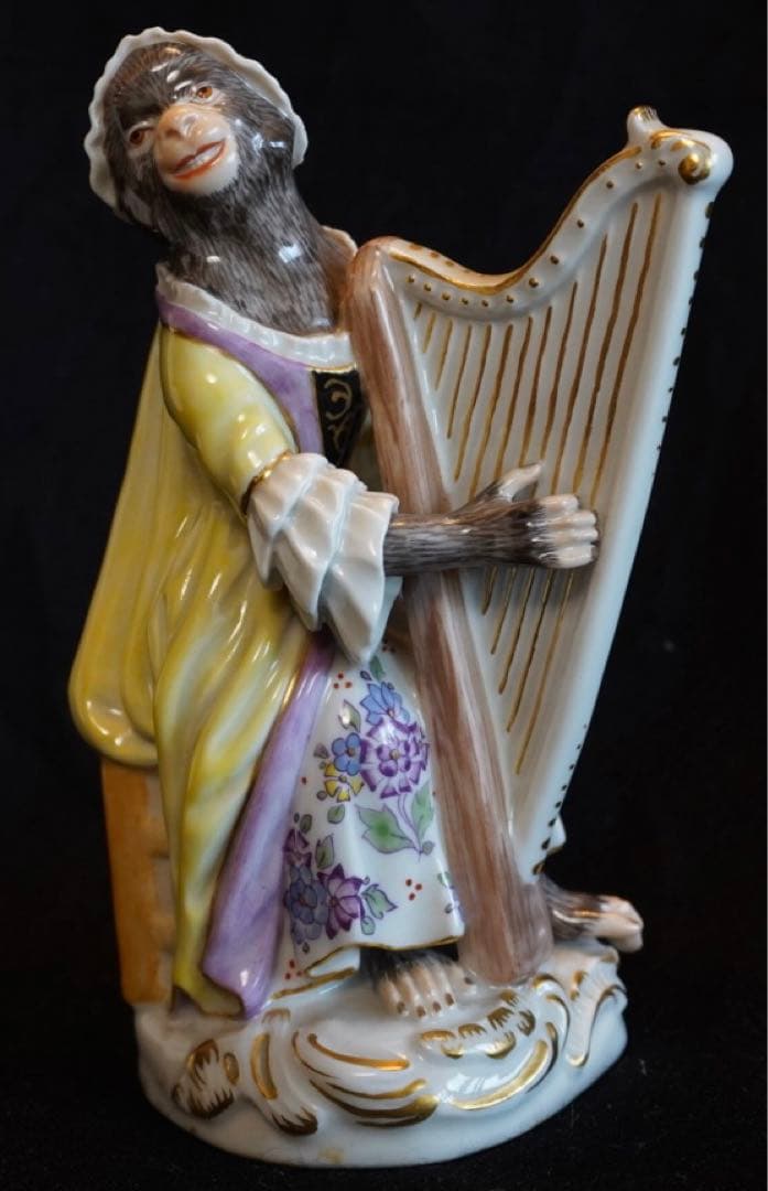 【美品】マイセン 猿の楽団 ハープ イエロー/パープルドレス 1級品