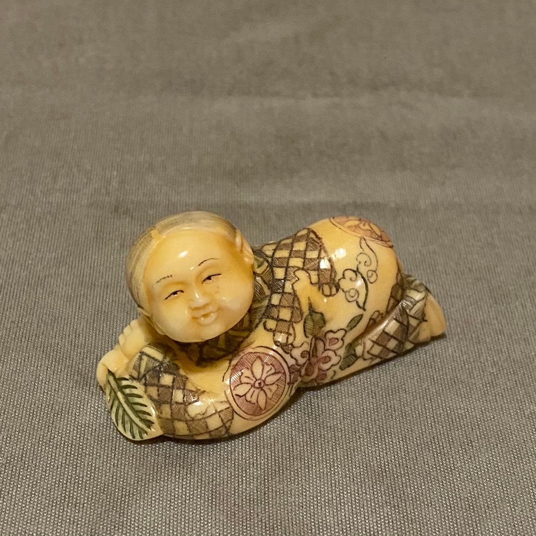 古美術 在銘 山口 カバ牙 根付 河馬 骨董 Netsuke 人物 彫刻⑤