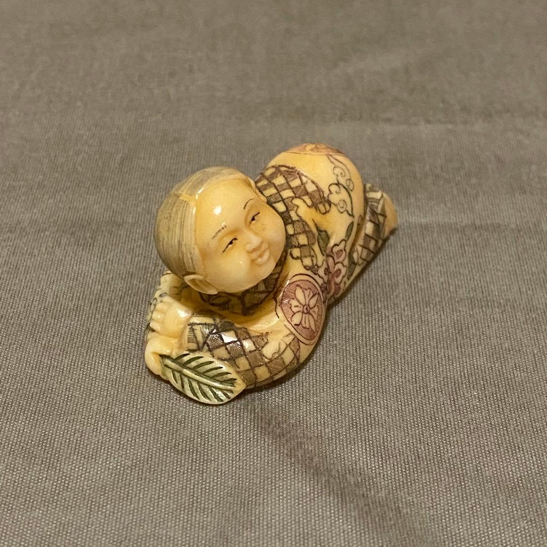 古美術 在銘 山口 カバ牙 根付 河馬 骨董 Netsuke 人物 彫刻⑤
