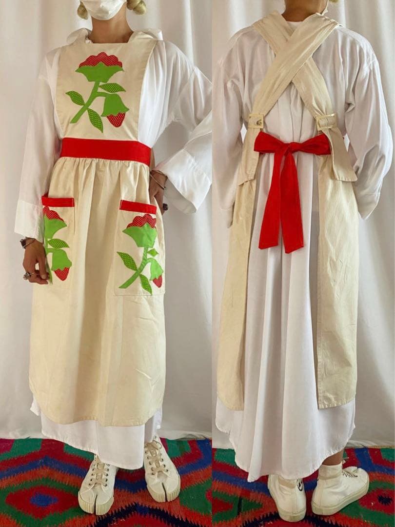 アンティーク ビンテージ 70s 大柄 花柄 キナリ白エプロンドレス ワンピース