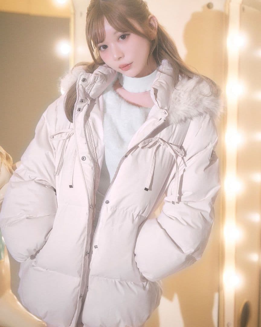 ミシェルマカロン　ファーフードリボンダウンコート　ピンク　XS