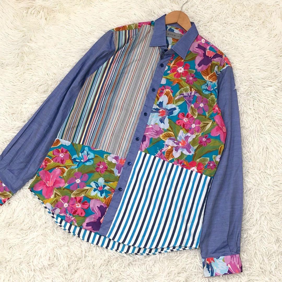 美品◎XL/42サイズ◎ETRO エトロ 花柄シャツ ストライプ 青系 メンズ