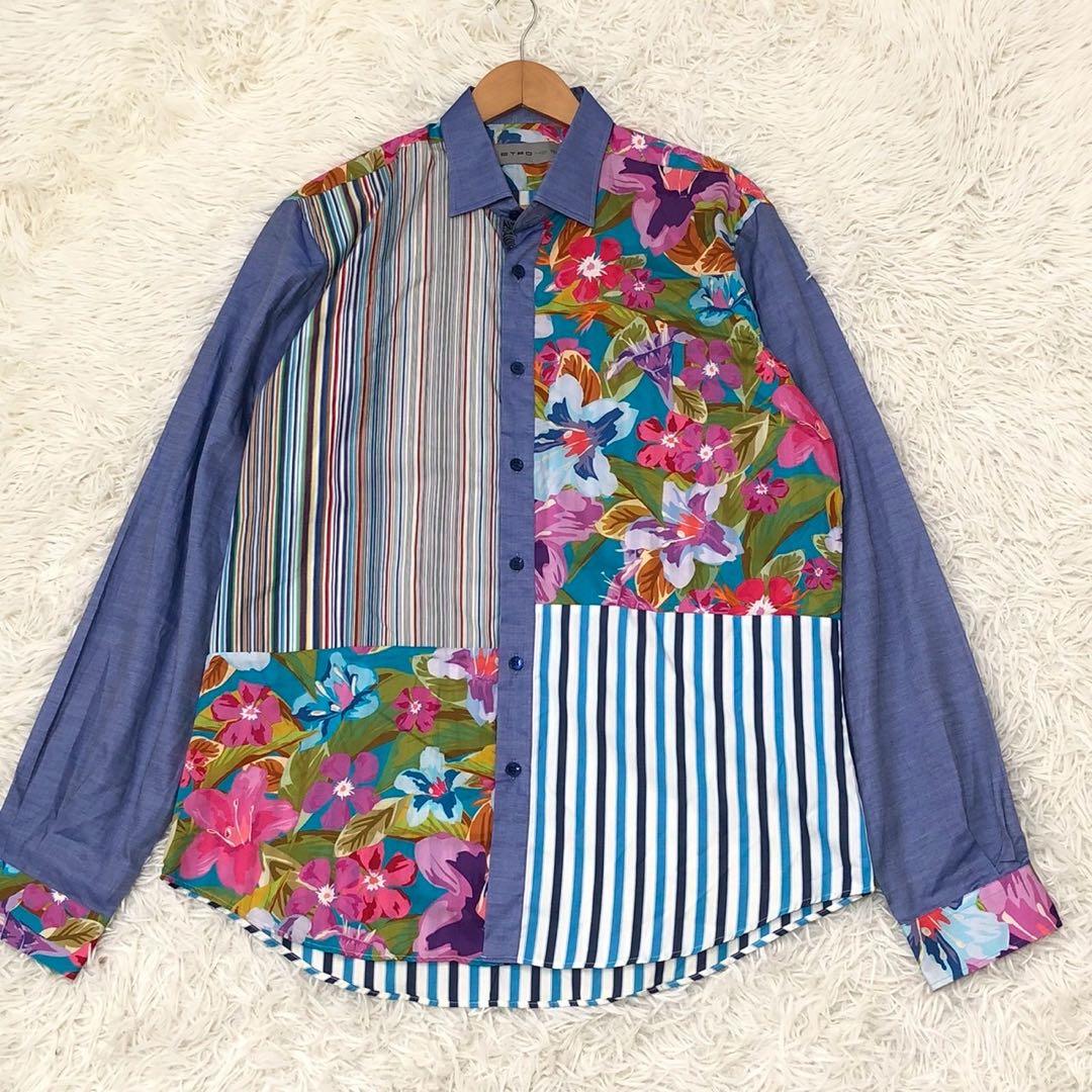 美品◎XL/42サイズ◎ETRO エトロ 花柄シャツ ストライプ 青系 メンズ