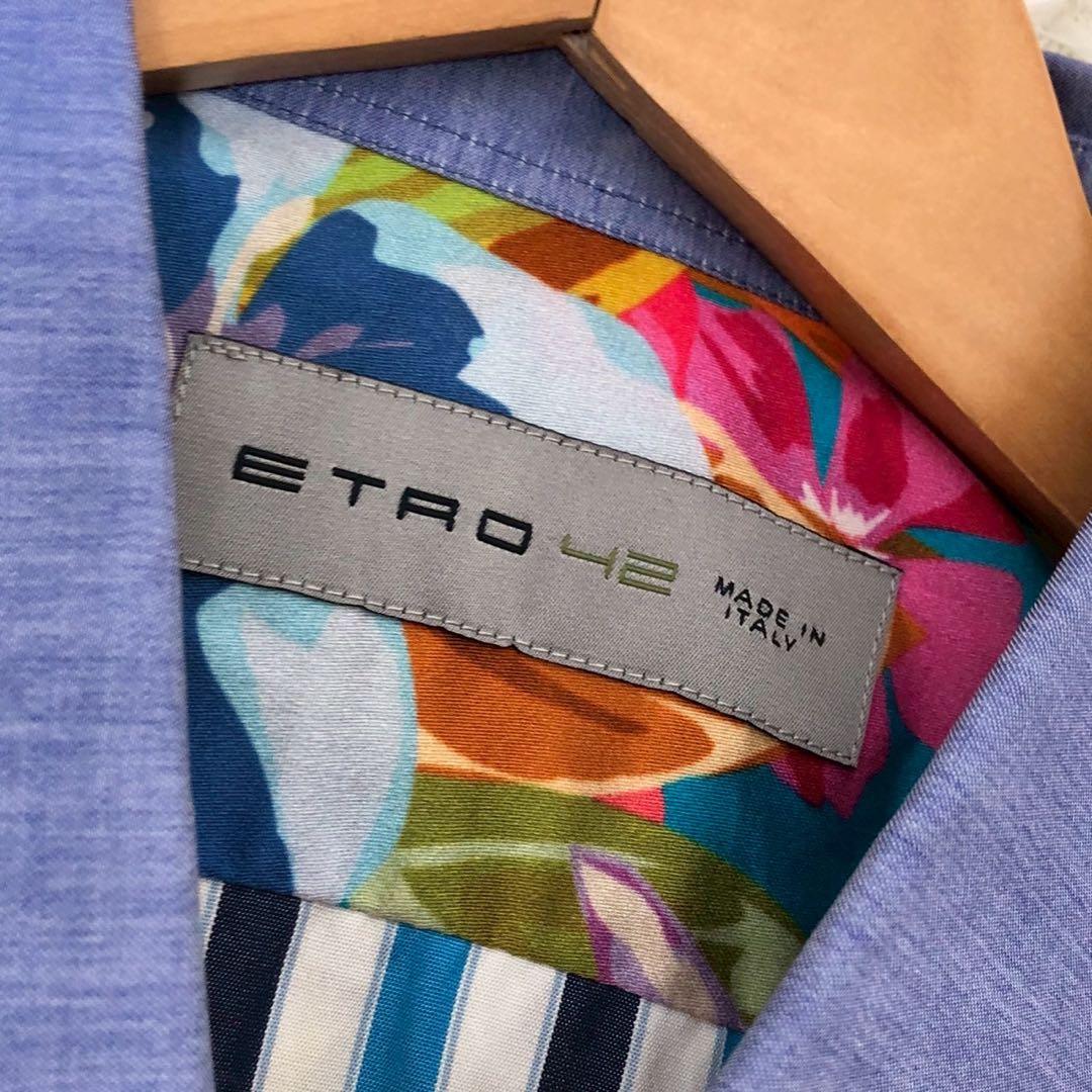 美品◎XL/42サイズ◎ETRO エトロ 花柄シャツ ストライプ 青系 メンズ
