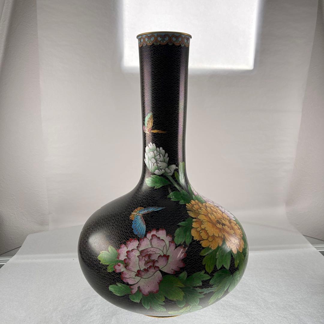 B021黒色手描き花柄陶器花瓶