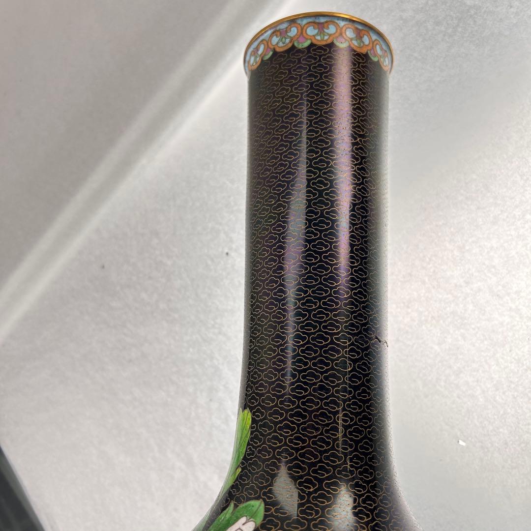 B021黒色手描き花柄陶器花瓶